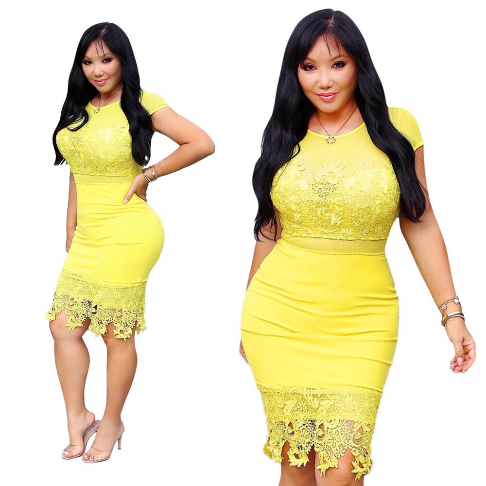Cap Sleeve Venetian Lace  Bodycon Midi Dress